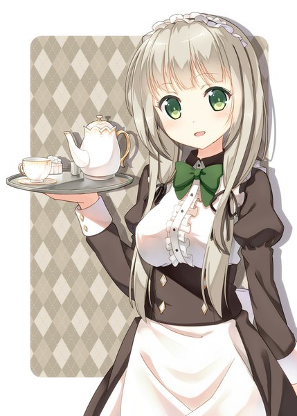 Anime picture 800x1119 with original hyuuga azuri single long hair tall image looking at viewer blush twintails green eyes maid girl dress uniform headdress bowtie maid headdress apron cup tray teacup