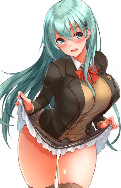 Anime picture 642x1000 with kantai collection suzuya heavy cruiser agarwood single long hair tall image looking at viewer blush fringe breasts open mouth light erotic simple background smile hair between eyes large breasts standing white background aqua eyes aqua hair