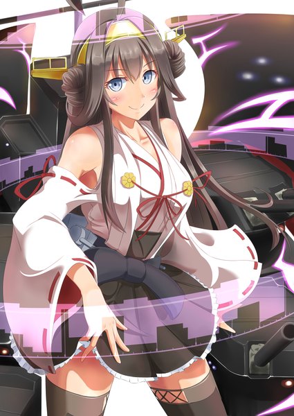 Anime picture 992x1402 with kantai collection kongou battleship ichikawa feesu single long hair tall image looking at viewer blush blue eyes black hair smile traditional clothes nontraditional miko girl thighhighs dress hair ornament weapon black thighhighs detached sleeves