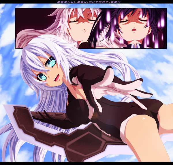Anime picture 4500x4316 with choujigen game neptune black heart deohvi long hair highres open mouth light erotic black hair smile multiple girls absurdres sky cloud (clouds) white hair eyes closed aqua eyes coloring manga girl weapon