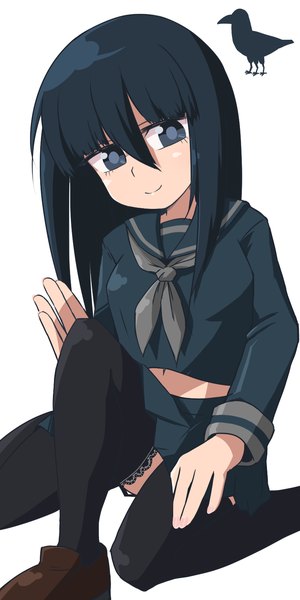 Anime picture 800x1600 with original hora (hora06) single long hair tall image looking at viewer fringe black hair simple background smile hair between eyes white background long sleeves head tilt black eyes midriff three legs girl thighhighs skirt