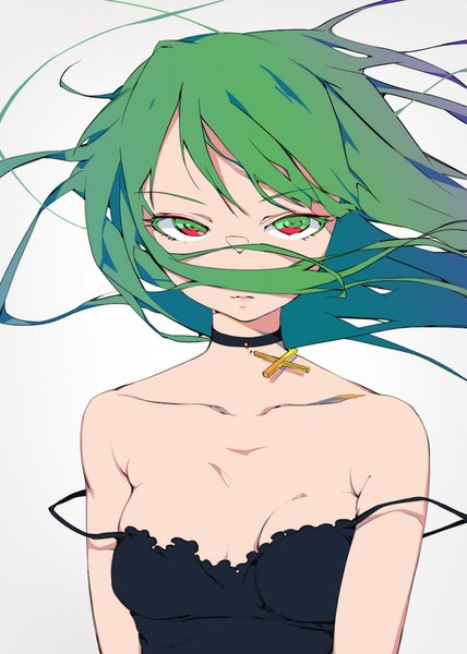 Anime picture 750x1050 with original megumoke single long hair tall image looking at viewer breasts light erotic simple background red eyes bare shoulders green eyes green hair wind grey background multicolored eyes girl dress choker black dress