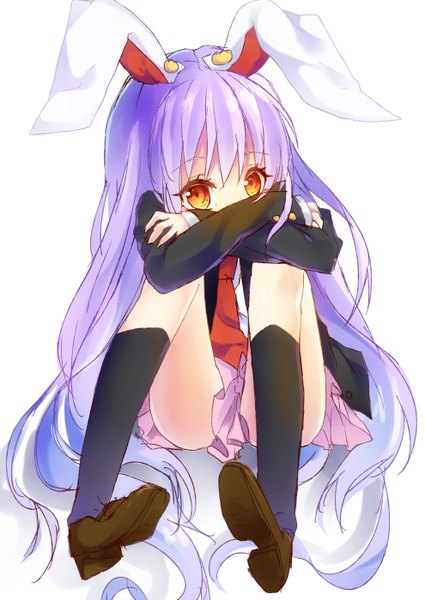 Anime picture 990x1399 with touhou reisen udongein inaba kyouda suzuka single tall image looking at viewer fringe simple background white background sitting animal ears purple hair very long hair orange eyes bunny ears girl socks black socks