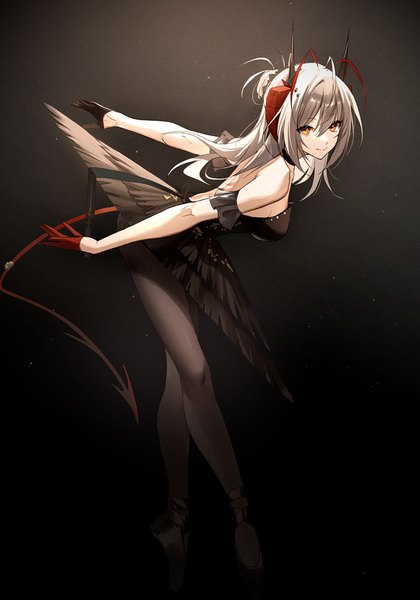 Anime picture 946x1353 with arknights w (arknights) kernel killer single long hair tall image looking at viewer fringe breasts simple background smile hair between eyes standing yellow eyes full body ahoge tail horn (horns) grey hair leaning