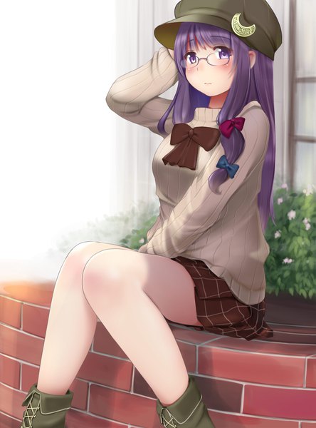 Anime picture 800x1080 with touhou patchouli knowledge kozue akari single long hair tall image looking at viewer blush fringe breasts sitting purple eyes purple hair bent knee (knees) alternate costume embarrassed plaid skirt arm behind head lacing knees together feet apart