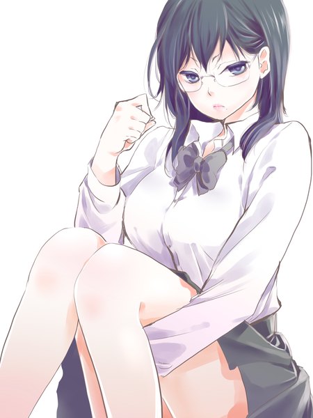 Anime picture 1200x1600 with haikyuu!! production i.g shimizu kiyoko yuukimona single long hair tall image looking at viewer fringe breasts black hair simple background large breasts white background sitting purple eyes pleated skirt mole open collar mole under mouth
