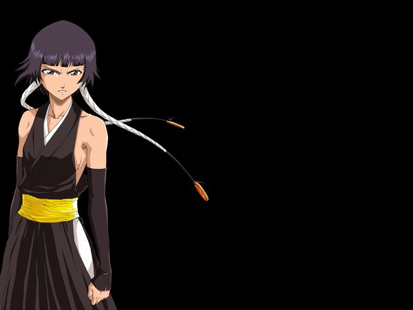 Anime picture 2560x1920 with bleach studio pierrot soifon single long hair fringe highres short hair breasts black hair simple background standing blunt bangs sideboob dark skin black background serious clenched teeth shinigami girl