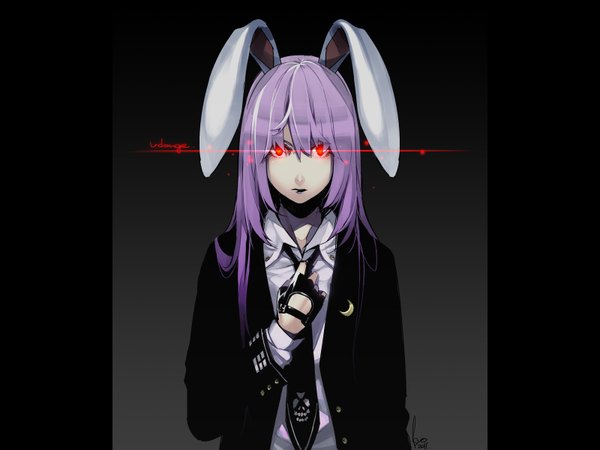 Anime picture 1600x1200 with touhou reisen udongein inaba kyo (kuroichigo) single long hair red eyes animal ears purple hair bunny ears glowing bunny girl glowing eye (eyes) adjusting necktie girl gloves shirt necktie jacket fingerless gloves