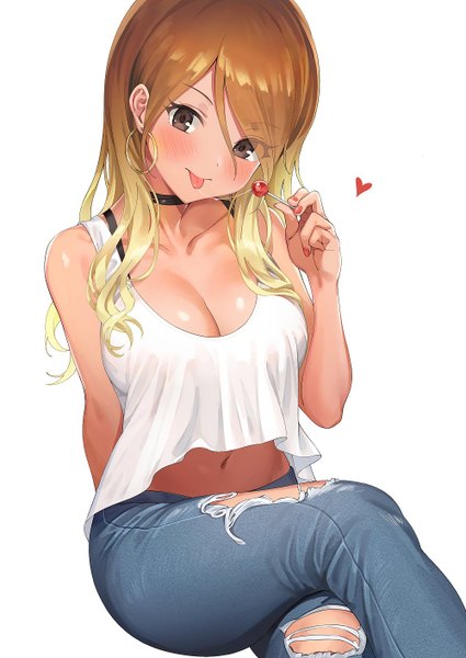 Anime picture 1000x1412 with idolmaster idolmaster shiny colors izumi mei ame (uten cancel) single long hair tall image looking at viewer blush fringe breasts light erotic simple background blonde hair hair between eyes large breasts white background sitting bare shoulders holding