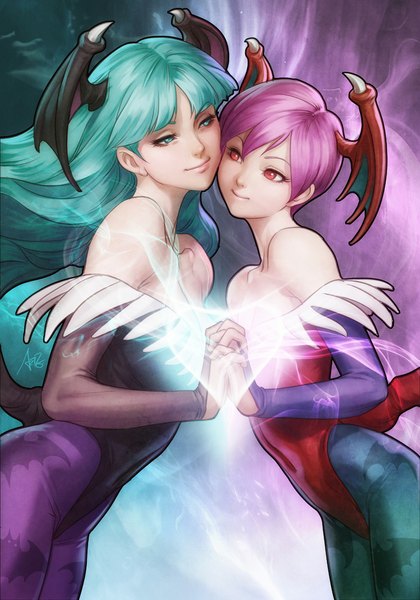 Anime picture 700x1000 with vampire / darkstalkers (game) capcom morrigan aensland lilith aensland artgerm (stanley lau) long hair tall image short hair smile red eyes bare shoulders multiple girls signed looking away pink hair aqua eyes realistic aqua hair holding hands demon girl