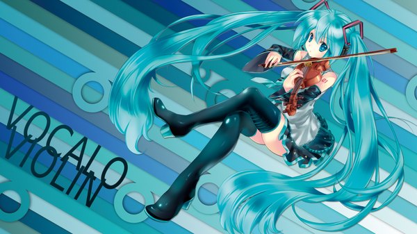 Anime picture 1920x1080 with vocaloid hatsune miku uemoto masato single highres wide image twintails very long hair aqua eyes aqua hair crossed legs girl skirt detached sleeves miniskirt necktie thigh boots violin