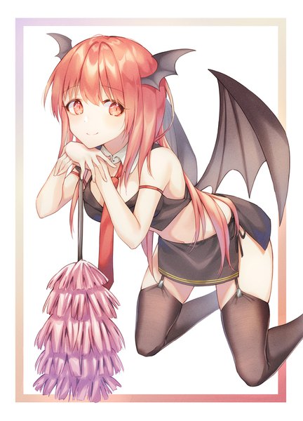 Anime picture 1200x1666 with touhou koakuma cha chya single long hair tall image light erotic smile red eyes white background looking away red hair kneeling slit pupils head wings bat wings chin rest girl thighhighs skirt