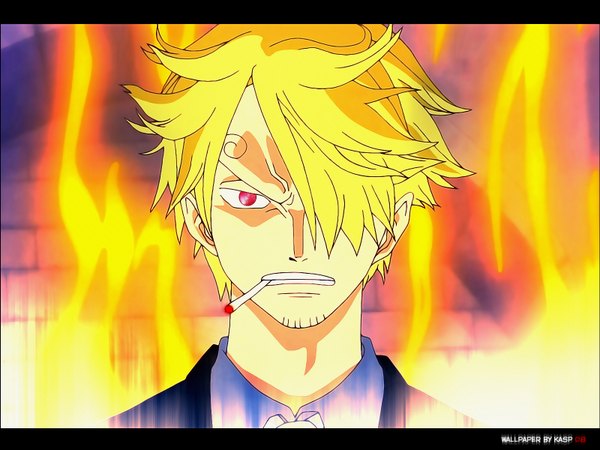 Anime picture 1600x1200 with one piece toei animation sanji single fringe blonde hair red eyes hair over one eye smoking boy fire cigarette