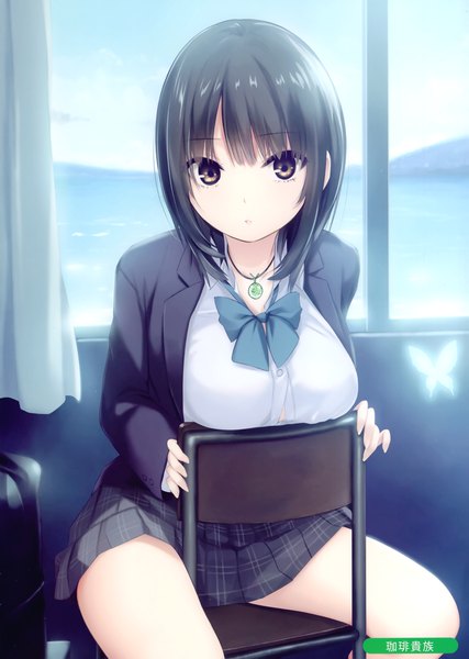Anime picture 2105x2958 with original melonbooks aoyama sumika coffee-kizoku single tall image looking at viewer fringe highres short hair black hair sitting brown eyes signed indoors pleated skirt scan open clothes plaid skirt girl