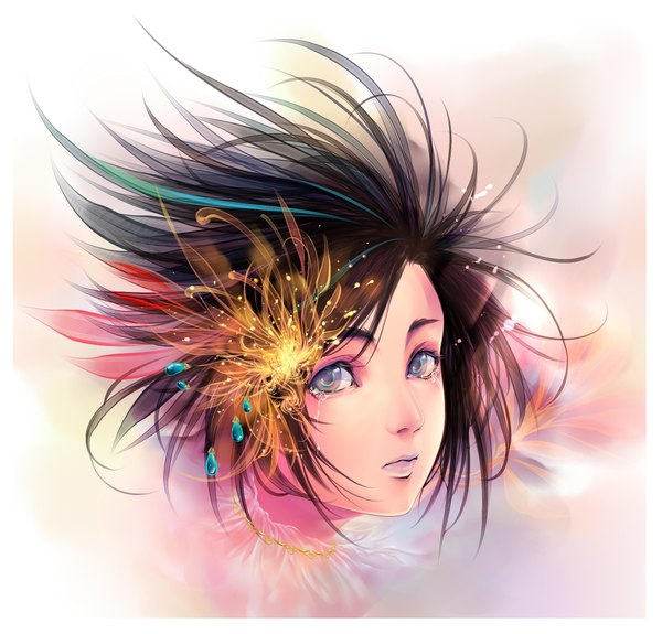 Anime picture 2176x2088 with original aosuna single looking at viewer highres short hair blue eyes black hair multicolored hair realistic tears girl hair ornament