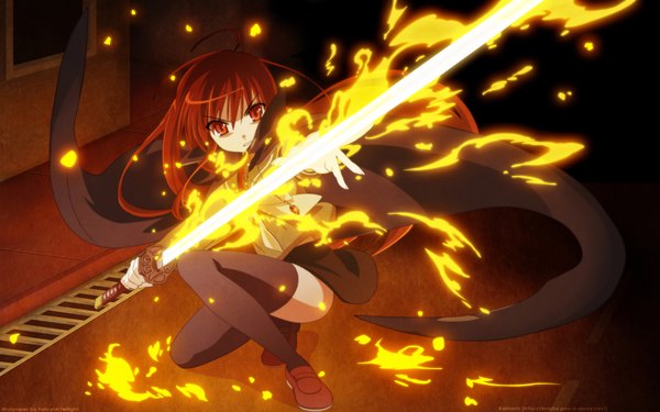 Anime picture 1920x1200 with shakugan no shana j.c. staff shana ootsuka mai single long hair looking at viewer fringe highres red eyes wide image ahoge red hair wallpaper squat girl thighhighs uniform black thighhighs sword