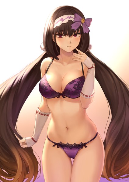 Anime picture 1302x1842 with fate (series) fate/grand order osakabe-hime (fate/grand order) mashuu (neko no oyashiro) single tall image looking at viewer blush fringe breasts light erotic simple background red eyes brown hair large breasts standing twintails bare shoulders payot cleavage