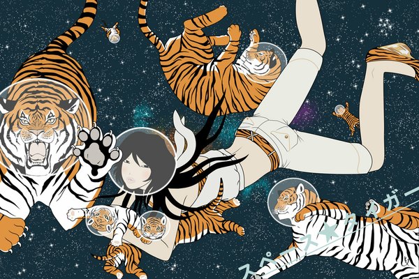 Anime picture 1024x684 with original yumiko kayukawa long hair black hair hug grin space weightlessness girl animal star (stars) helmet tiger spacesuit