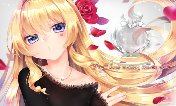 Anime picture 1500x900 with original delores (mvv) mvv single long hair looking at viewer fringe blue eyes blonde hair hair between eyes wide image text symbol-shaped pupils english girl flower (flowers) petals rose (roses) necklace lace
