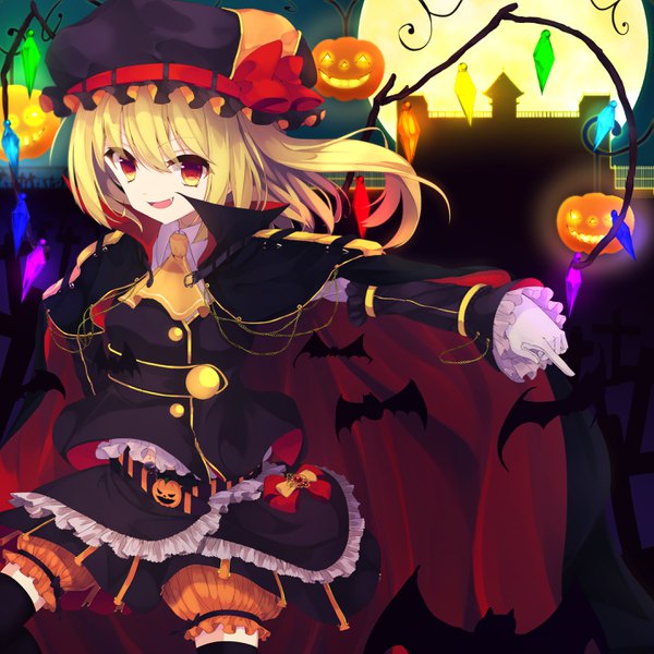 Anime picture 2860x2860 with touhou flandre scarlet coffee1223 single looking at viewer highres short hair open mouth blonde hair smile red eyes one side up halloween girl dress animal wings black dress bonnet jack-o'-lantern