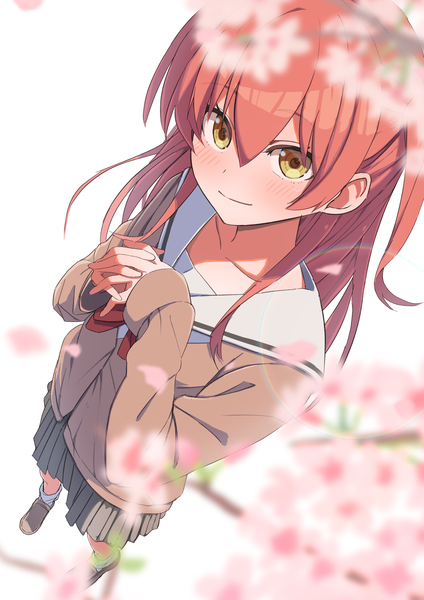 Anime picture 1158x1637 with bocchi the rock! cloverworks kita ikuyo neko (hansinn) single long hair tall image blush fringe smile hair between eyes standing yellow eyes red hair from above one side up cherry blossoms interlocked fingers girl uniform