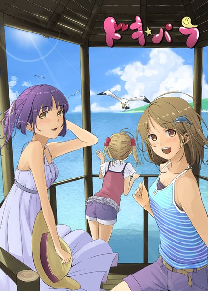 Anime picture 1296x1812 with original yoropa tall image looking at viewer blush short hair open mouth brown hair multiple girls brown eyes sky purple hair cloud (clouds) wind arm behind head girl hair ornament hat animal shorts
