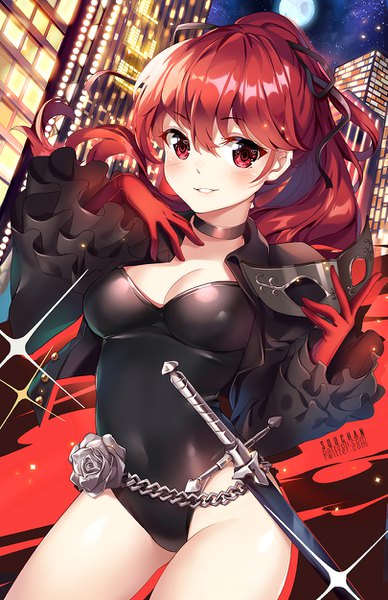Anime picture 809x1250 with persona 5 persona persona 5 the royal yoshizawa kasumi squchan single long hair tall image looking at viewer blush fringe breasts light erotic smile hair between eyes red eyes standing holding signed payot