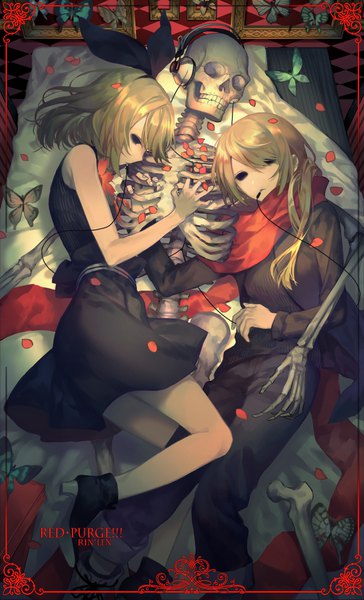 Anime picture 672x1106 with original yamakawa long hair tall image fringe short hair blonde hair multiple girls holding bent knee (knees) lying lips sleeveless mouth hold on side skeleton bone (bones) black sclera hollow eyes girl