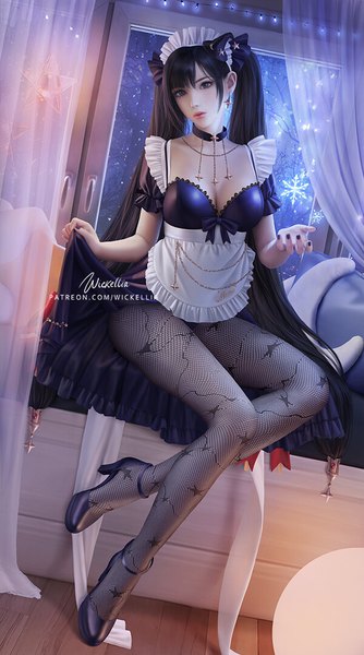 Anime picture 600x1077 with genshin impact mona megistus wickellia single long hair tall image looking at viewer fringe breasts light erotic black hair hair between eyes large breasts sitting twintails signed cleavage full body indoors nail polish