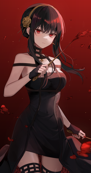Anime picture 1500x2829 with spy x family yor briar komugiko (0kmgk) single long hair tall image looking at viewer fringe breasts black hair simple background hair between eyes red eyes standing bare shoulders holding blunt bangs gradient background red background dual wielding