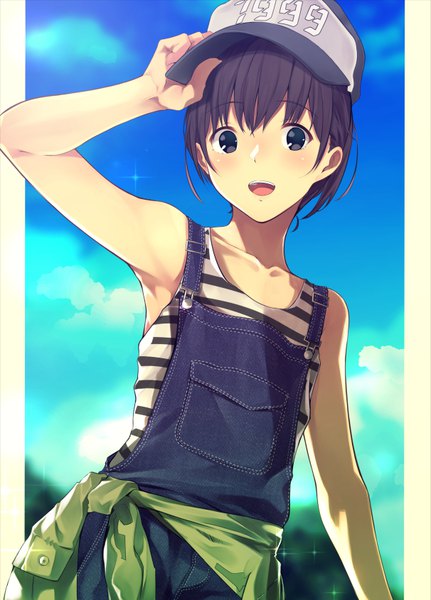 Anime picture 606x844 with original fujiwara mizuki single tall image looking at viewer blush fringe short hair open mouth black hair hair between eyes standing sky cloud (clouds) outdoors arm up black eyes adjusting hat pillarboxed clothes around waist