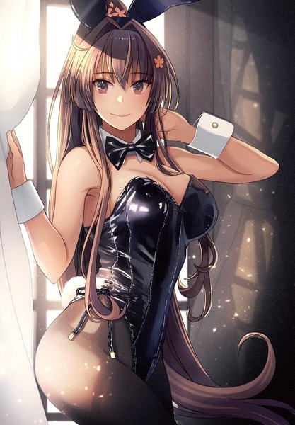 Anime picture 973x1400 with kantai collection yamato super battleship kasumi (skchkko) single tall image looking at viewer fringe breasts light erotic smile hair between eyes brown hair large breasts standing bare shoulders brown eyes animal ears cleavage ponytail indoors