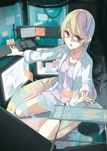 Anime picture 1446x2046 with original la-na single long hair tall image highres open mouth blonde hair sitting brown eyes barefoot girl dress glasses monitor labcoat computer keyboard