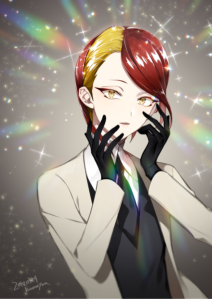 Anime picture 1200x1695 with houseki no kuni rutile (houseki no kuni) kurono yuu single tall image looking at viewer short hair signed yellow eyes upper body red hair multicolored hair two-tone hair sparkle dated androgynous gloves uniform black gloves