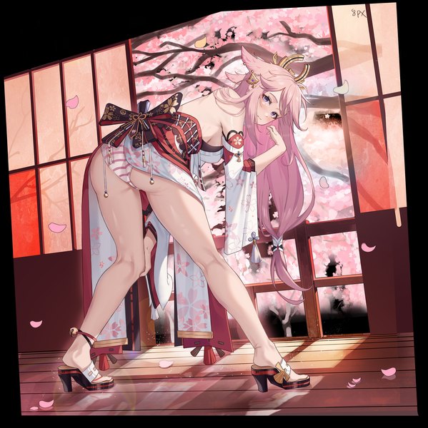 Anime picture 2000x2005 with genshin impact yae miko herb (artist) single long hair tall image looking at viewer blush fringe highres breasts light erotic large breasts standing purple eyes animal ears pink hair ass traditional clothes japanese clothes