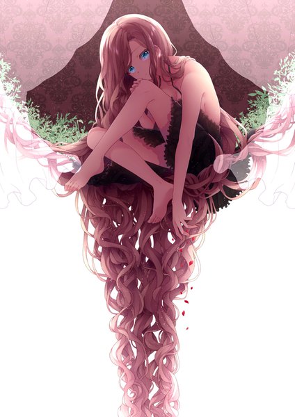 Anime picture 1131x1600 with original yukina yotsuba single tall image looking at viewer blush blue eyes light erotic brown hair white background sitting very long hair leaning crossed legs wavy hair hand on knee girl dress plant (plants) petals