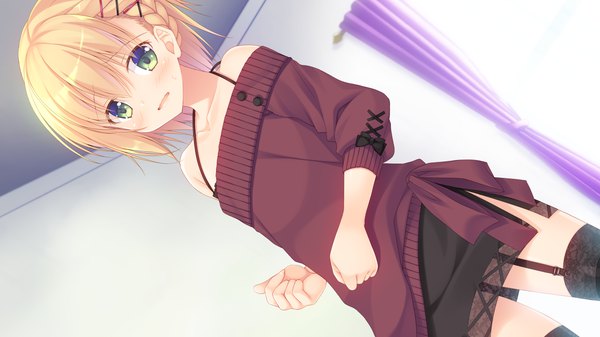 Anime picture 1280x720 with spiral!! ashinome chrome hazumi rio single looking at viewer blush fringe short hair open mouth blonde hair hair between eyes wide image standing bare shoulders green eyes game cg indoors braid (braids) off shoulder dutch angle