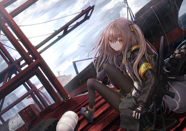 Anime picture 1637x1158 with girls frontline ump45 (girls frontline) shumeia single long hair looking at viewer fringe hair between eyes brown hair sitting yellow eyes sky cloud (clouds) full body bent knee (knees) outdoors dutch angle one side up turning head facial mark