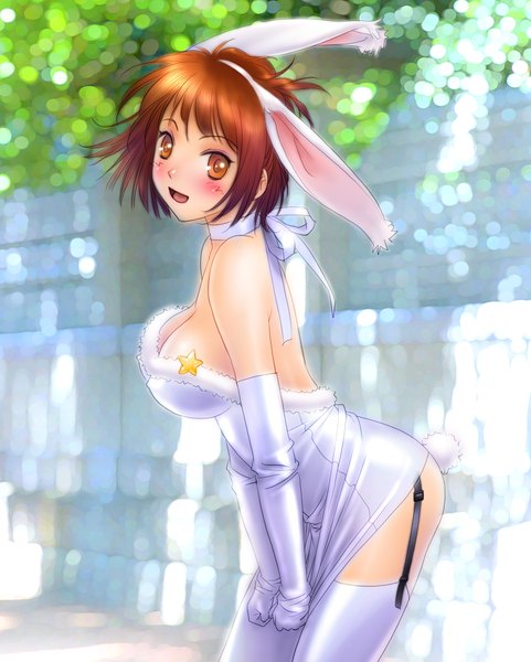 Anime picture 1585x1974 with original toshiki yui single tall image short hair open mouth light erotic brown hair bare shoulders brown eyes animal ears cleavage tail animal tail bunny ears erect nipples covered nipples bunny girl bunny tail girl