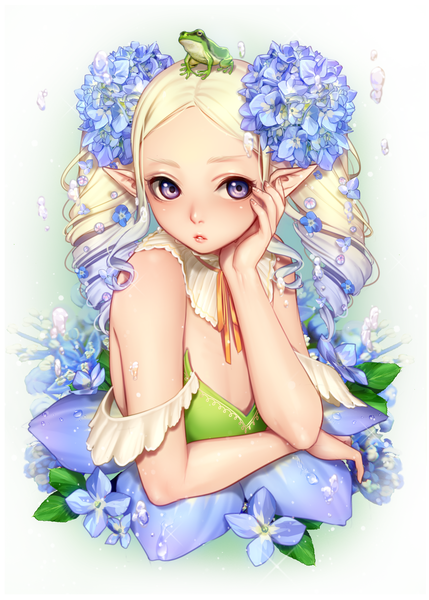 Anime picture 1787x2500 with original masami chie single long hair tall image blush highres blonde hair purple eyes looking away upper body hair flower pointy ears drill hair gradient hair hand on cheek girl flower (flowers) petals bubble (bubbles)