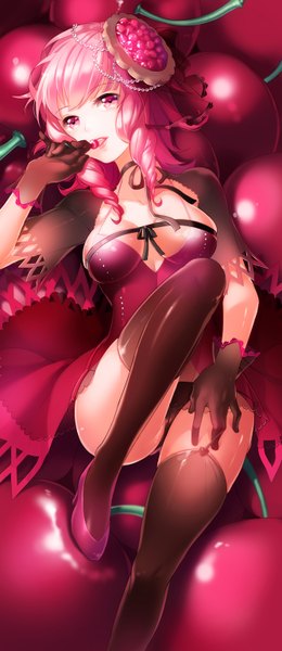 Anime picture 666x1532 with sword girls original aile (crossroads) single long hair tall image looking at viewer blush fringe breasts open mouth light erotic large breasts pink hair pink eyes lips high heels zettai ryouiki lipstick wavy hair