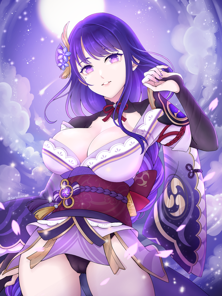 Anime picture 1920x2560 with genshin impact raiden shogun narulinn single long hair tall image looking at viewer fringe highres breasts light erotic smile large breasts standing purple eyes signed cleavage purple hair cloud (clouds) nail polish