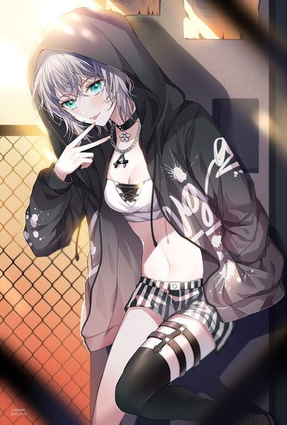 Anime picture 602x890 with bang dream! aoba moca n n (vbdpsep) single tall image looking at viewer blush fringe short hair breasts hair between eyes standing signed cleavage silver hair aqua eyes open clothes midriff twitter username victory