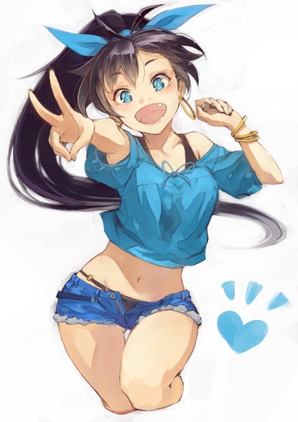 Anime picture 1000x1414 with idolmaster ganaha hibiki suzuno (bookshelf) single long hair tall image open mouth blue eyes black hair simple background white background ahoge ponytail bare belly victory sketch open shorts girl navel underwear