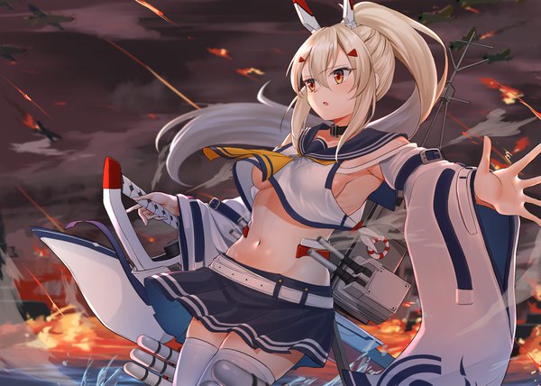 Anime picture 3624x2591 with azur lane ayanami (azur lane) takenoko 27074918 single long hair blush fringe highres open mouth light erotic blonde hair red eyes holding payot looking away absurdres sky cloud (clouds) ponytail pleated skirt