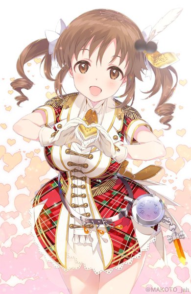 Anime picture 625x960 with idolmaster idolmaster cinderella girls idolmaster cinderella girls starlight stage totoki airi mizuki makoto single tall image looking at viewer blush short hair open mouth brown hair twintails brown eyes signed from above twitter username drill hair short twintails plaid