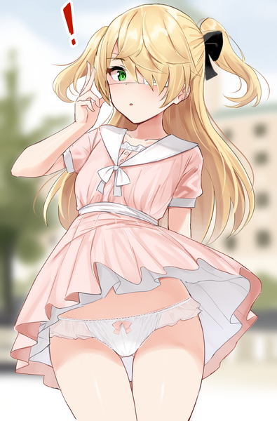 Anime picture 1938x2941 with genshin impact fischl (genshin impact) shengtian single long hair tall image blush fringe highres light erotic blonde hair standing green eyes outdoors arm up wind blurry hair over one eye two side up depth of field