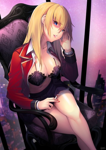 Anime picture 777x1100 with original kashi kosugi single long hair tall image looking at viewer fringe breasts blue eyes light erotic blonde hair hair between eyes large breasts sitting holding signed payot cleavage indoors long sleeves