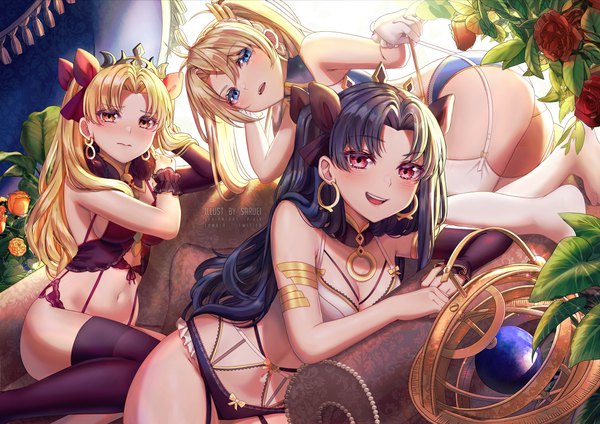 Anime picture 1210x856 with fate (series) fate/grand order ishtar (fate) ereshkigal (fate) bradamante (fate/grand order) saruei long hair looking at viewer blush fringe breasts open mouth blue eyes light erotic black hair blonde hair smile hair between eyes red eyes sitting