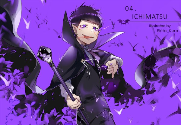 Anime picture 1200x833 with osomatsu-san matsuno ichimatsu ekita xuan single short hair black hair purple eyes signed nail polish looking back fingernails pointy ears character names long fingernails purple background blood on face vampire purple nail polish boy blood